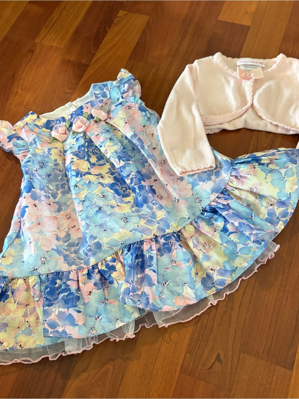Bonnie Baby 9 Month Blue Floral Dress with Pink Rose Accents
